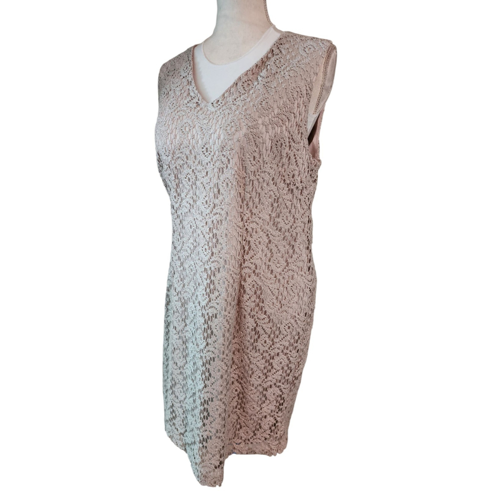 Vintage K.C. Spencer NY Beige Crochet Lace Overlay Shift Dress Women's 14